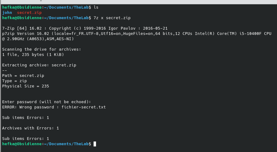 Tentative d'extraction d'un fichier zip protégé par mot de passe