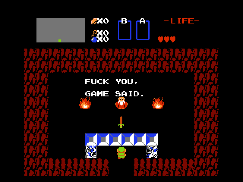Fuck you, game said. Version alternative du premier The Legend of Zelda où l'épée est bloquée.